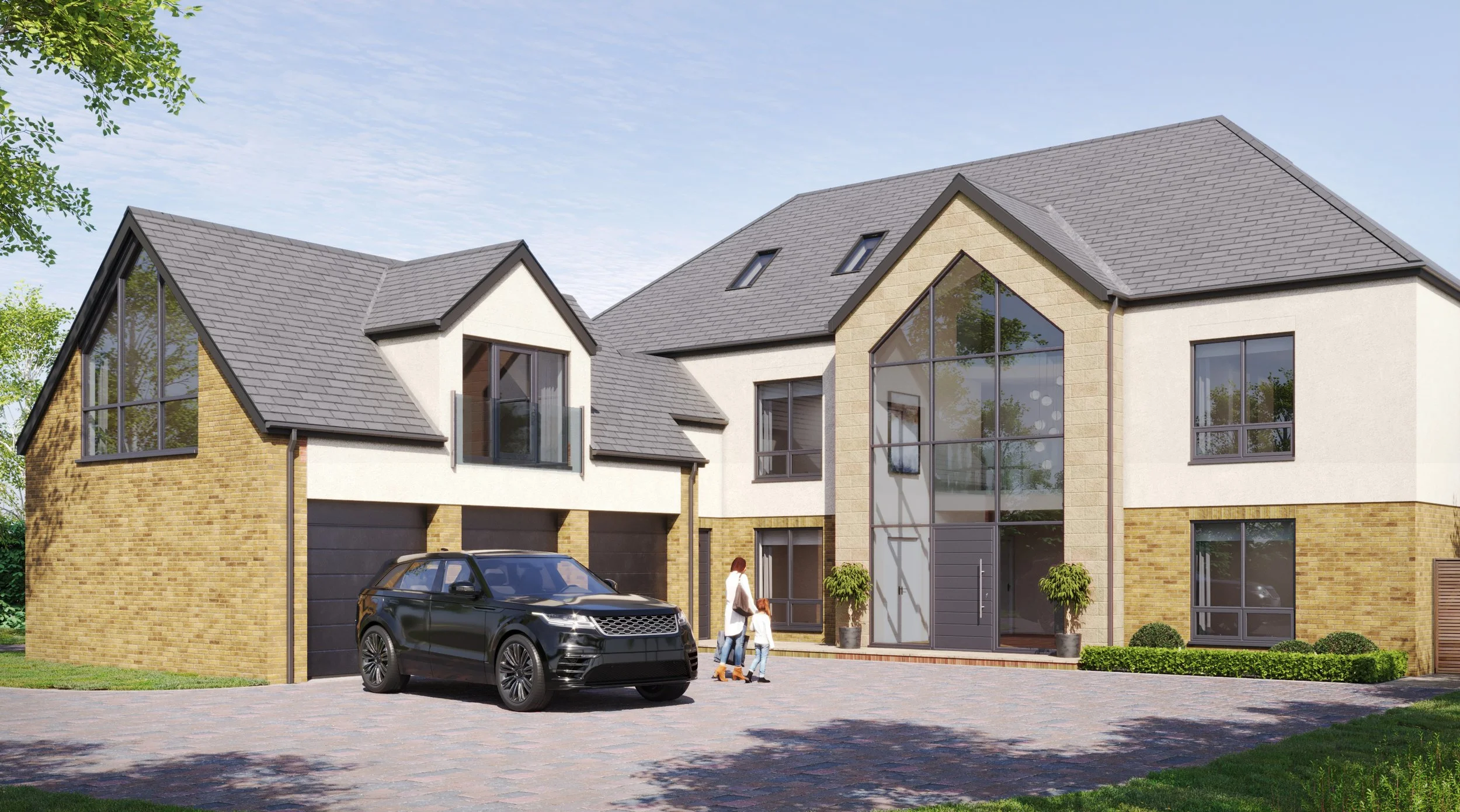 Modern multi-story house with large windowed entrance, brick and stucco exterior, gray shingle roof, and a black SUV parked in front. A woman and a child walk near the entrance, with greenery and trees around.