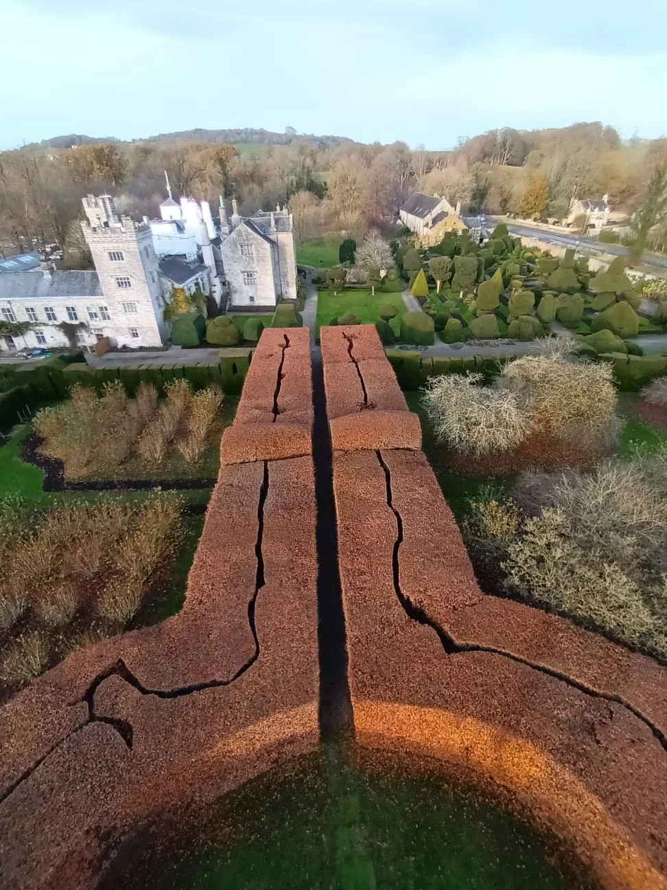 The Great Beech Hedge at Levens Hall from above