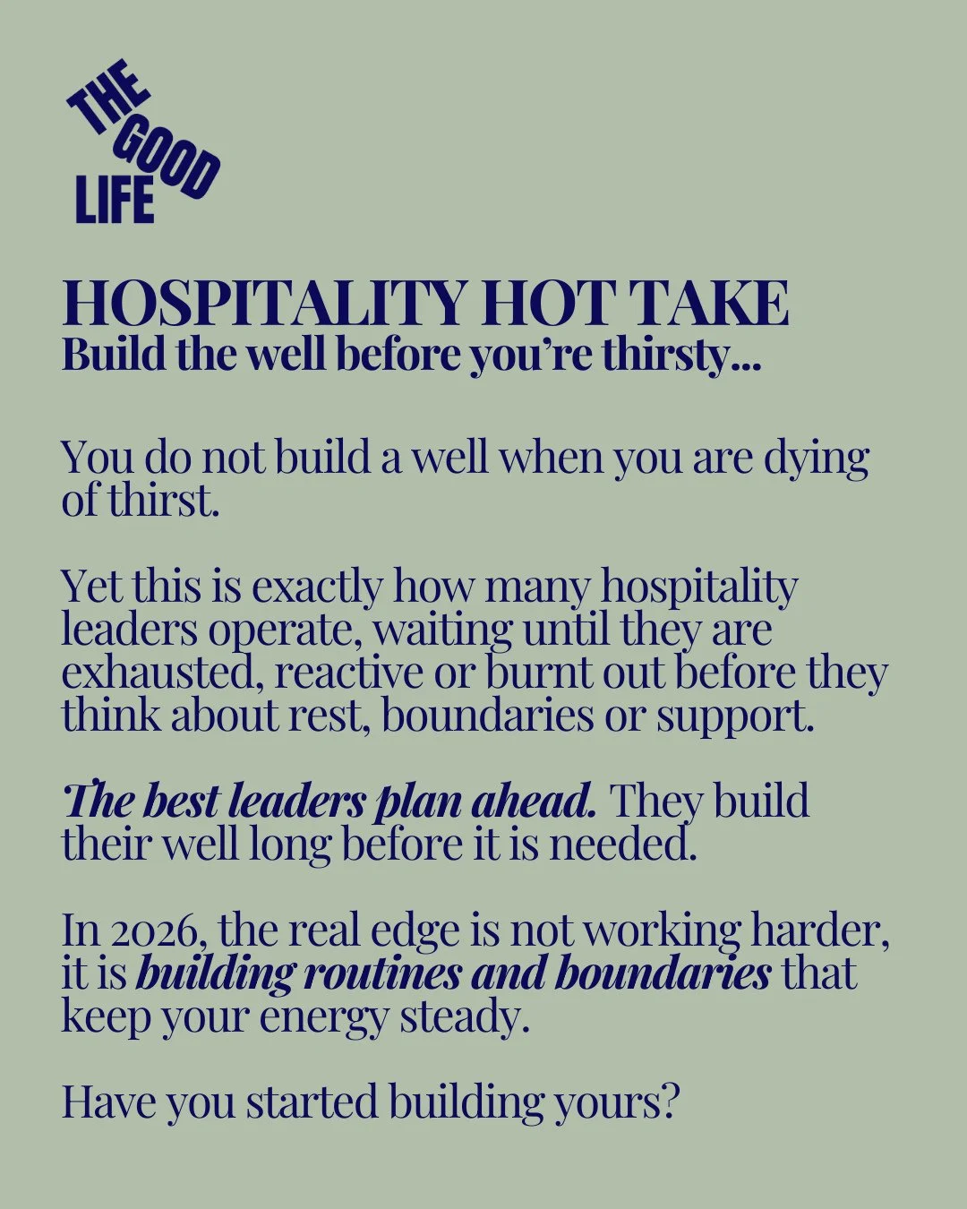 Working harder is rarely the answer. Building routines and boundaries that keep you steady usually is. That is how great leaders last.⁠
⁠
So, start building your well. You might need it when the water runs out.