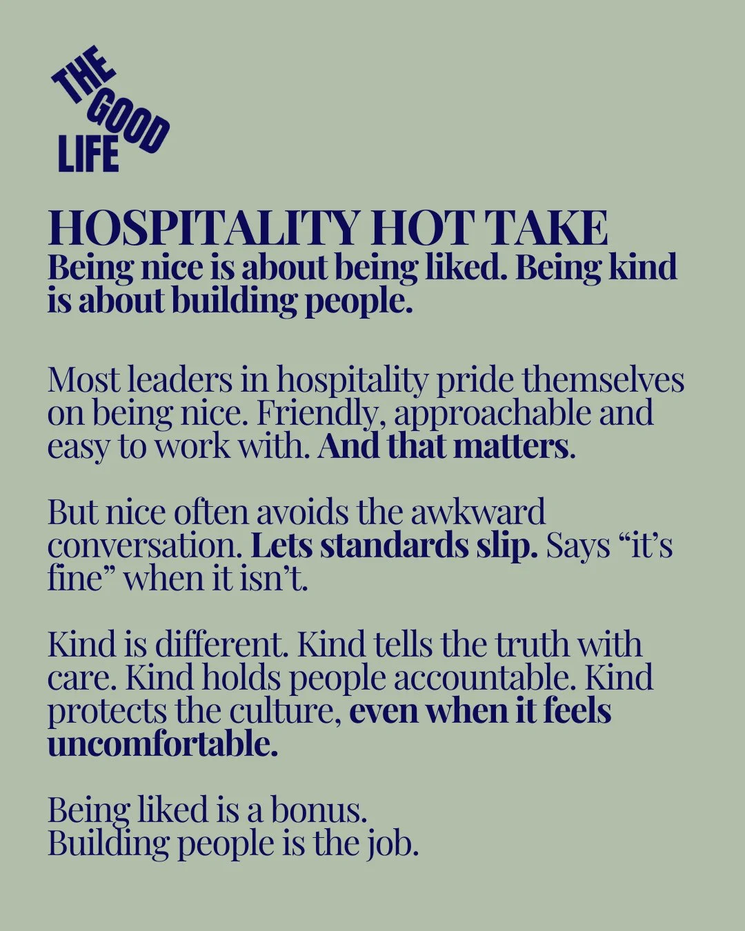 But if nice means avoiding the conversation, lowering the bar or saying &ldquo;it&rsquo;s fine&rdquo; when it isn&rsquo;t, it is not serving your team.⁠
⁠
Send this to a colleague who might just need this little reminder.