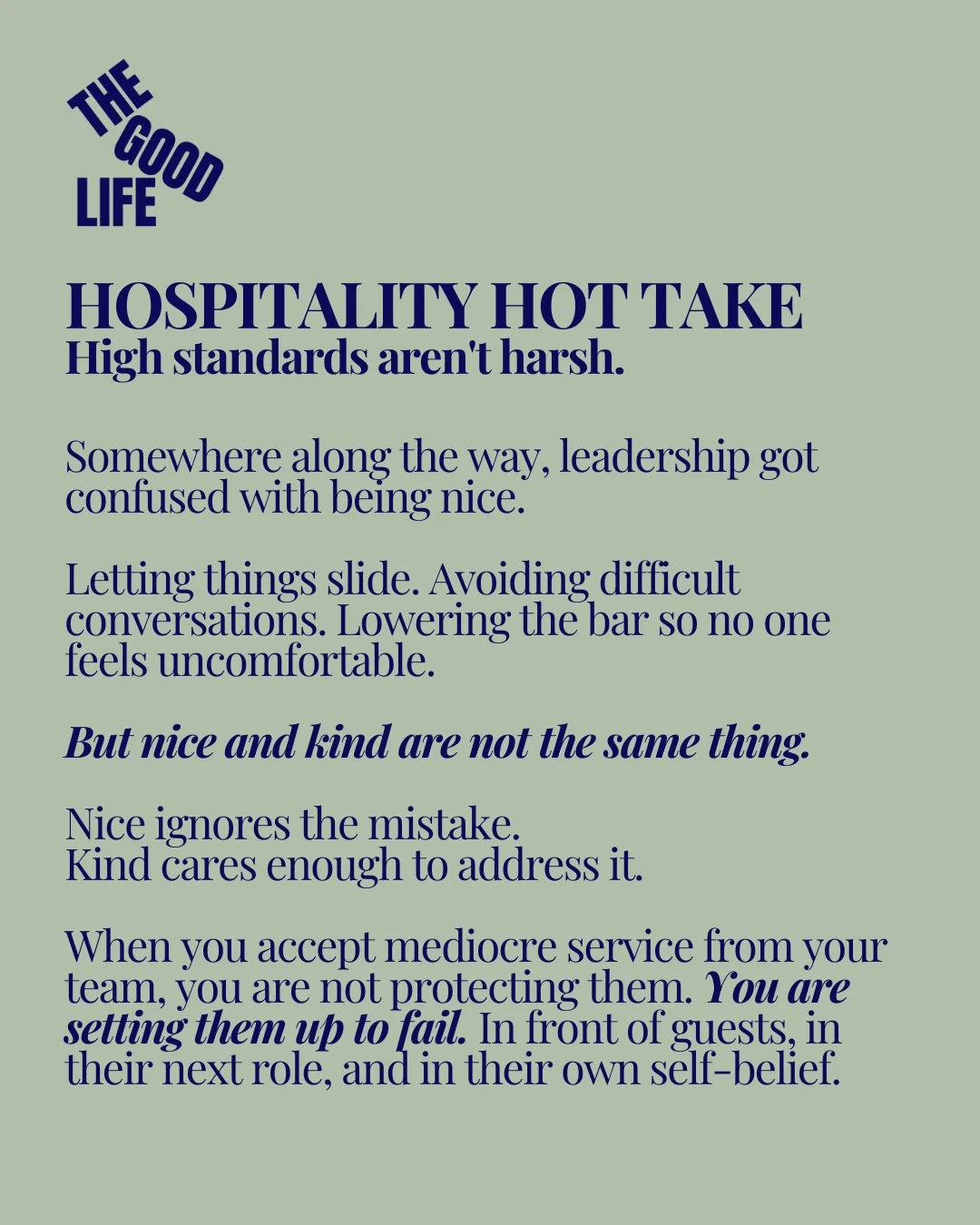 As we&rsquo;ve been discussing this month, there&rsquo;s a real difference between being nice and being kind when you&rsquo;re leading a team. ⁠
⁠
In restaurants especially, being nice can sometimes mean letting things slide to avoid an awkward momen