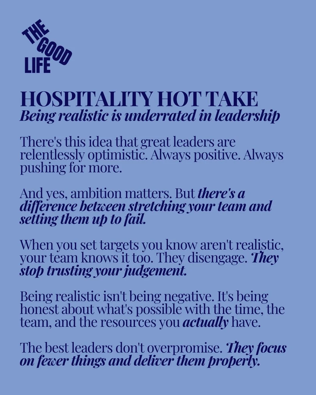 Unpopular opinion? Maybe. But I've seen too many leaders set targets they know aren't realistic, paint a picture that doesn't match what's actually happening, and wonder why their team stops trusting them. ⁠
⁠
Your team aren't stupid. They know when 