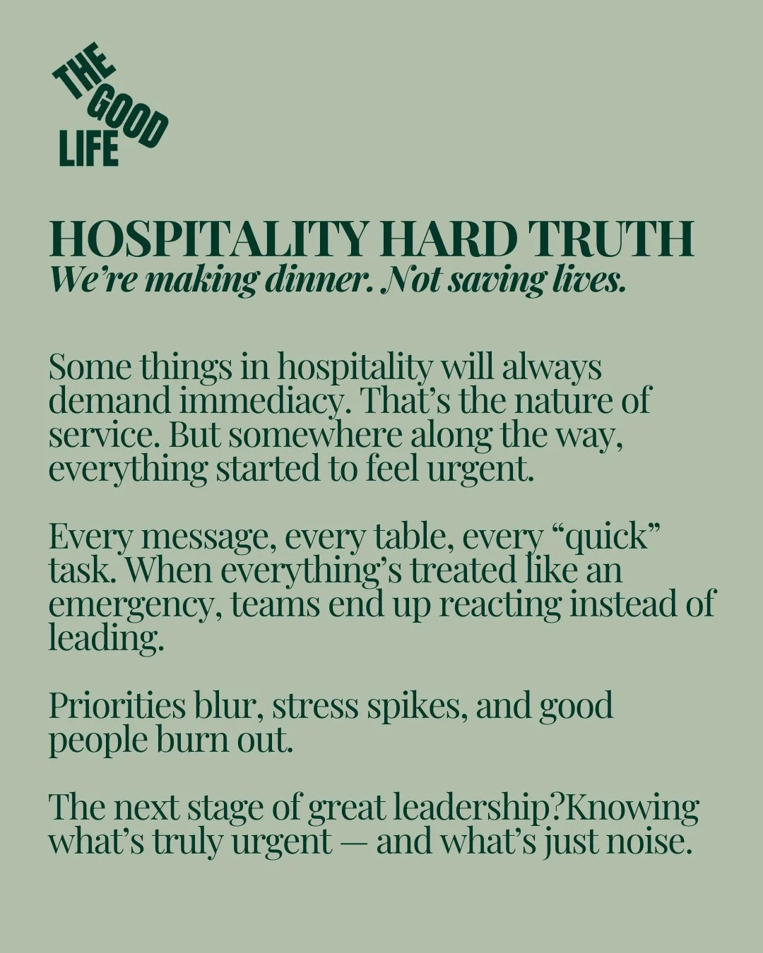 This is something I've posted before &mdash; but something worth flagging as we all go back to school. We're making dinners. Not saving lives. ⁠
⁠
I don't mean this to diminish all the hard work and passion in our industry&mdash;after all, that's why