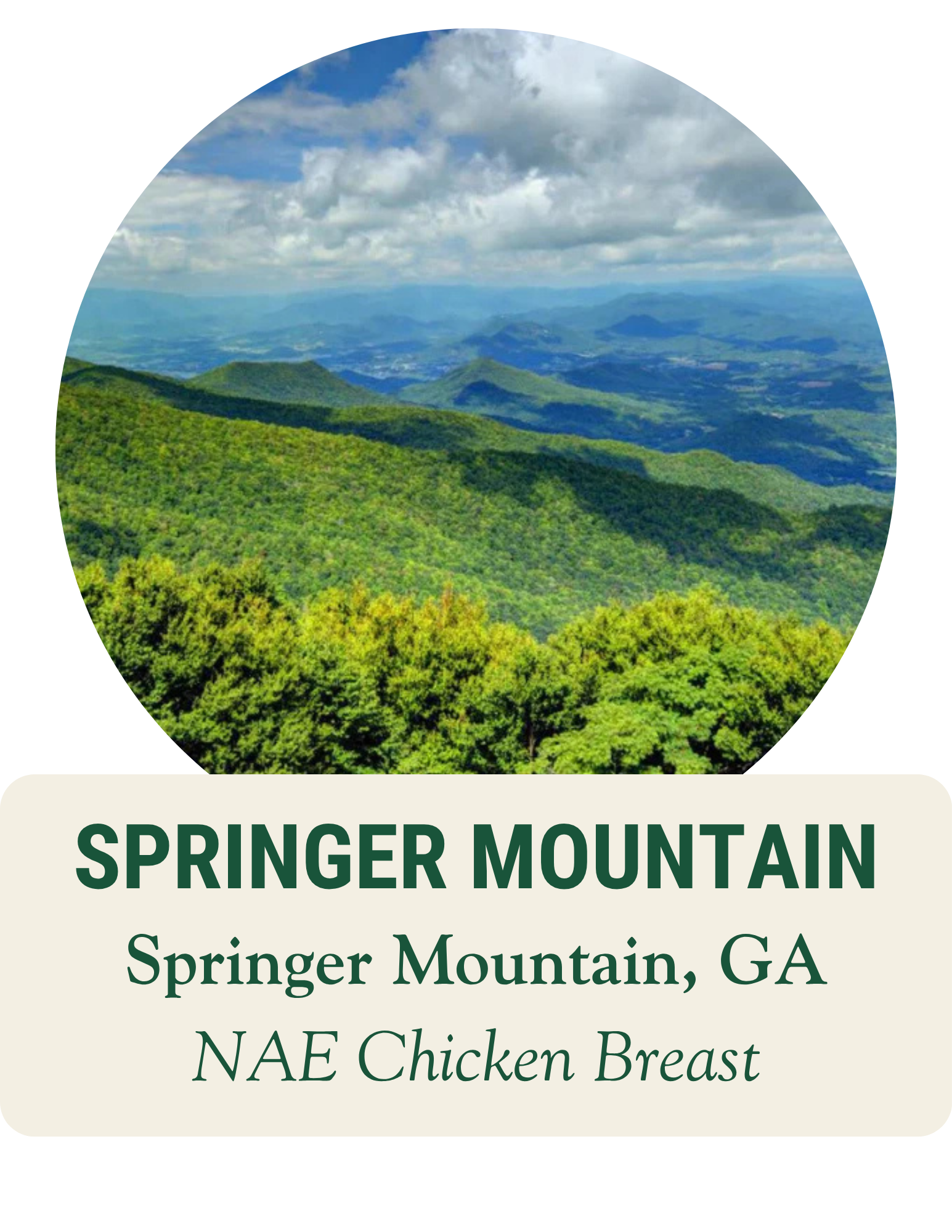 Green mountain ridges under a cloudy sky. Springer Mountain, Springer Mountain, GA: NAE chicken breast.