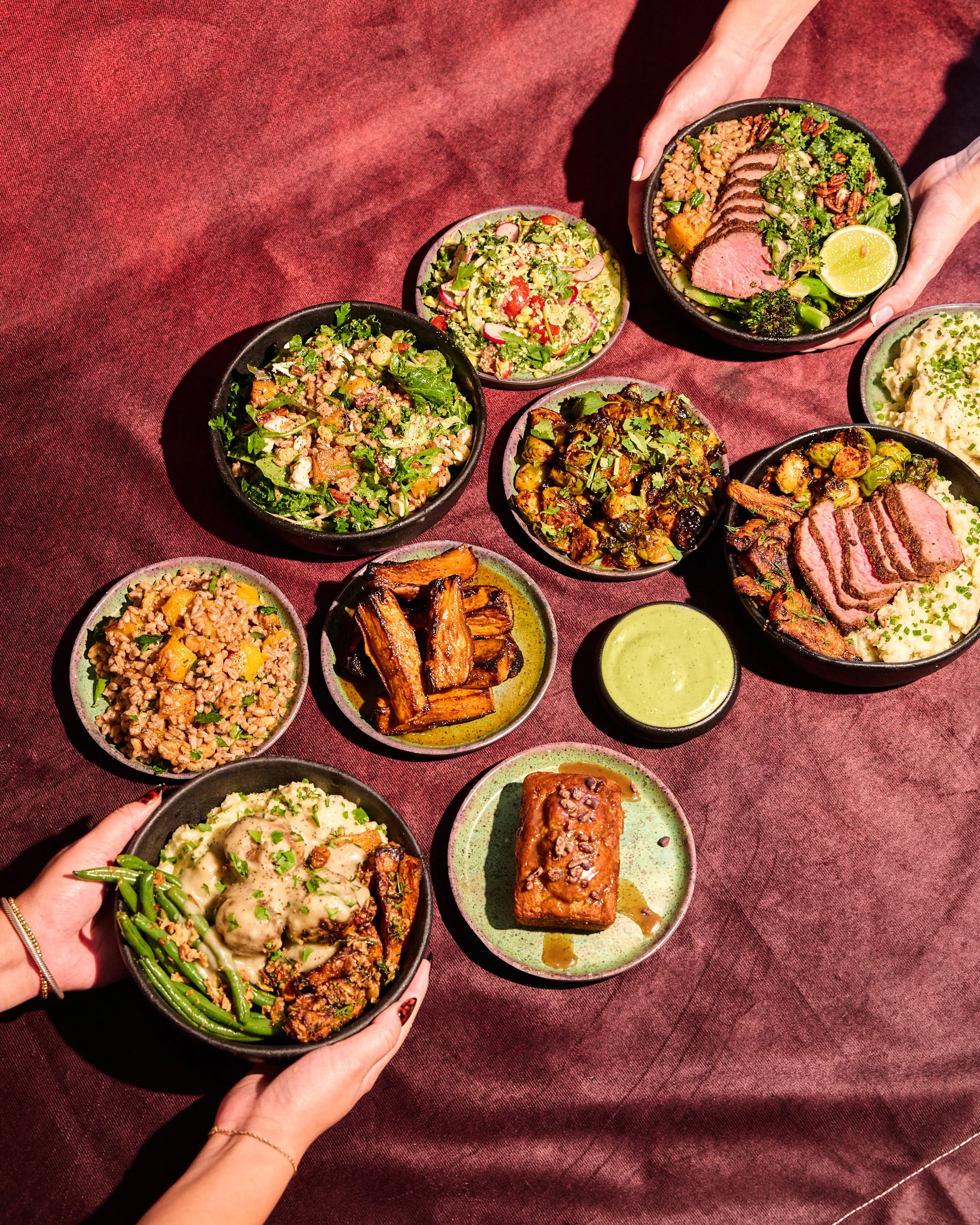 Fall Harvest Launch featuring our Cinnamon Sweet Potatoes, Chili Garlic Brussels, 100% Grass-fed Meatballs, Spiced Farro & more.