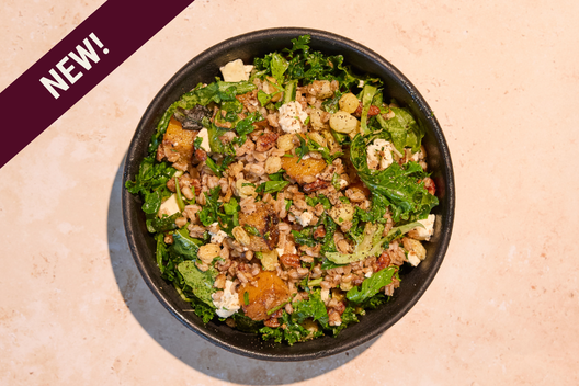 New for Fall is our Fall Harvest Chopped Salad, made with roasted butternut squash, kale, arugula, candied pecans, goat cheese, and white balsamic vinaigrette.
