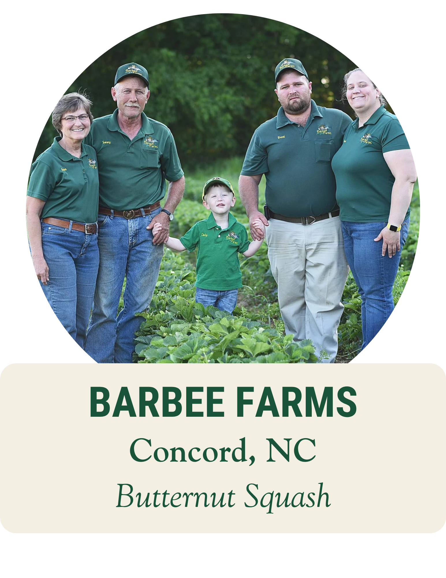 Family of five in matching green shirts standing in their field. Barbee Farms, Concord, NC: butternut squash.