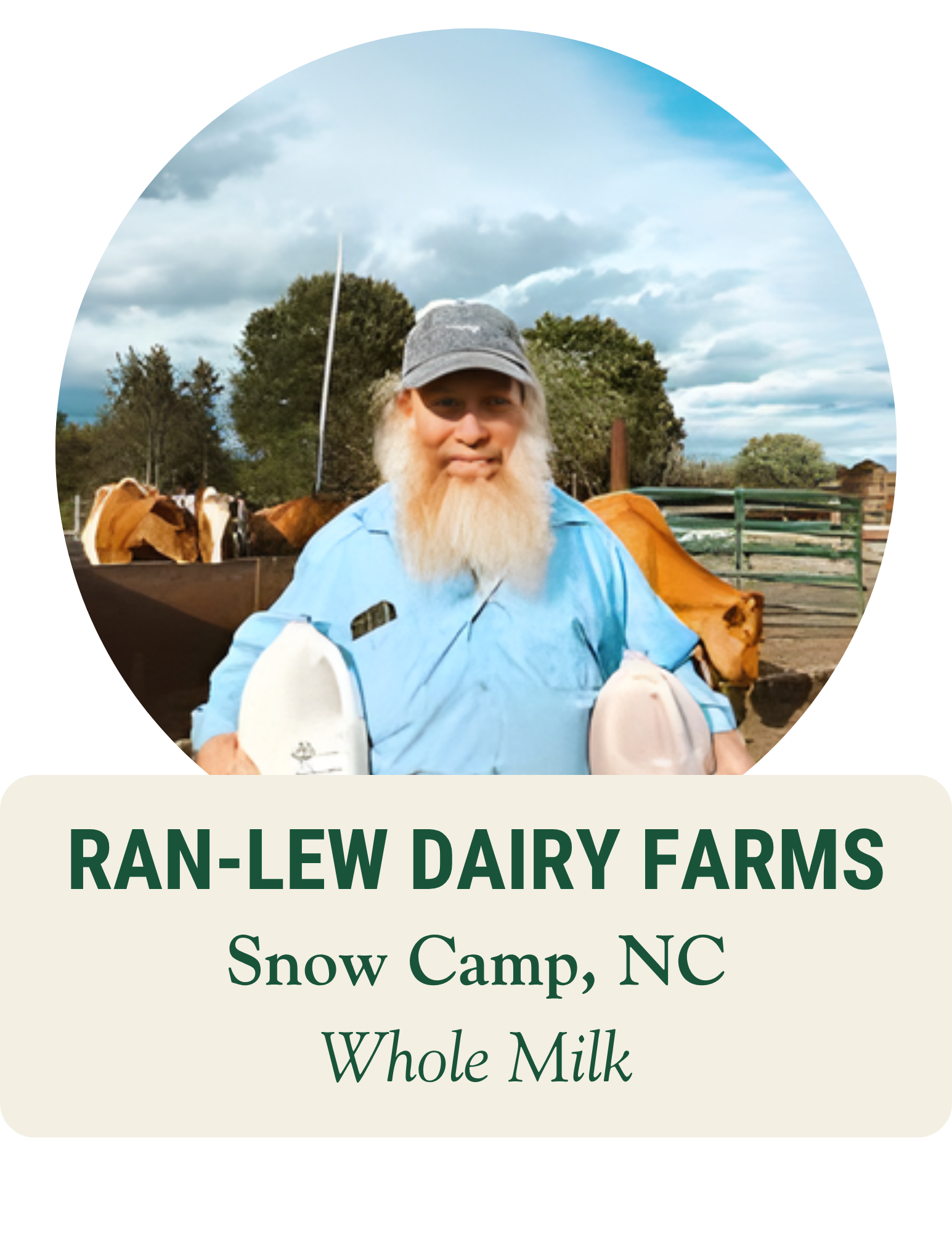 Bearded farmer holding two jugs of milk with cows behind him. Ran-Lew Dairy Farms, Snow Camp, NC: whole milk.
