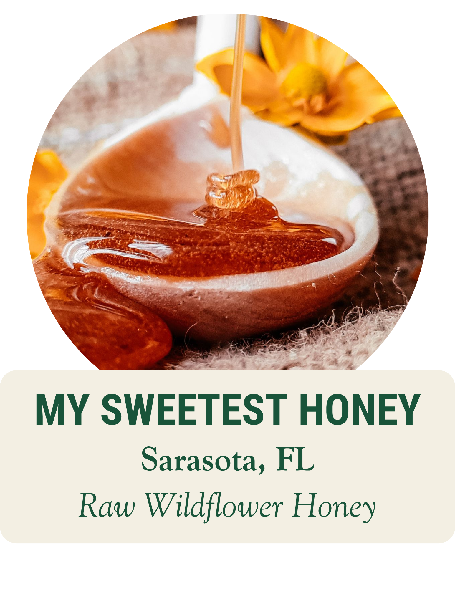 Honey dripping onto a wooden spoon beside yellow flowers. My Sweetest Honey, Sarasota, FL: raw wildflower honey.