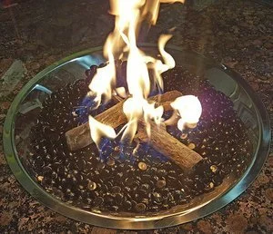 Fire Glass Beads accented with Twig sets in a Fire Pit Table