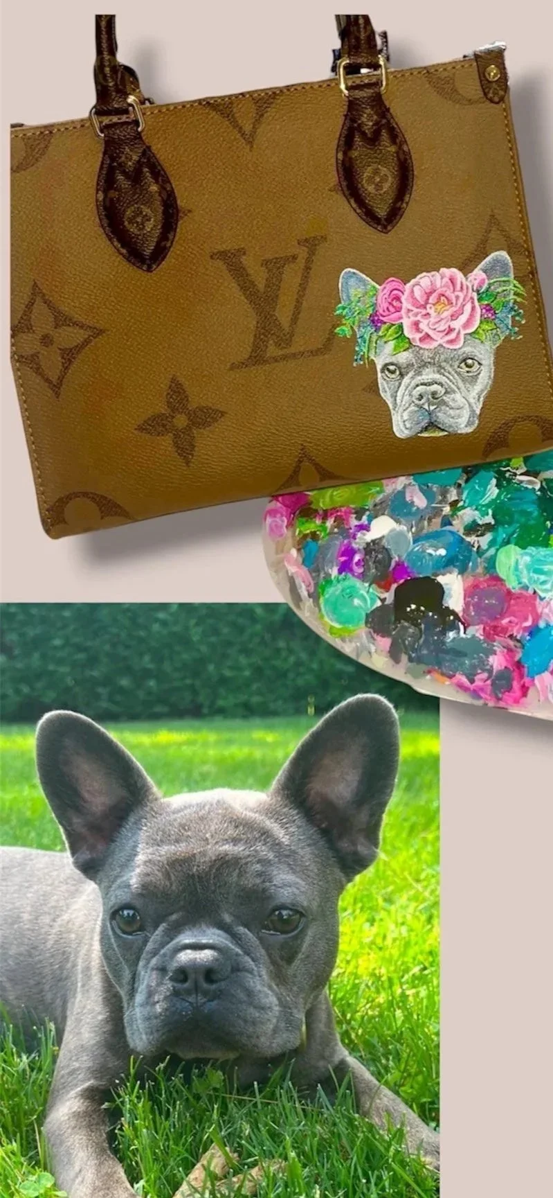 The sweetest baby bulldog gets painted on Michele's client's LV tote, complete with the client's favorite flowers, peonies.