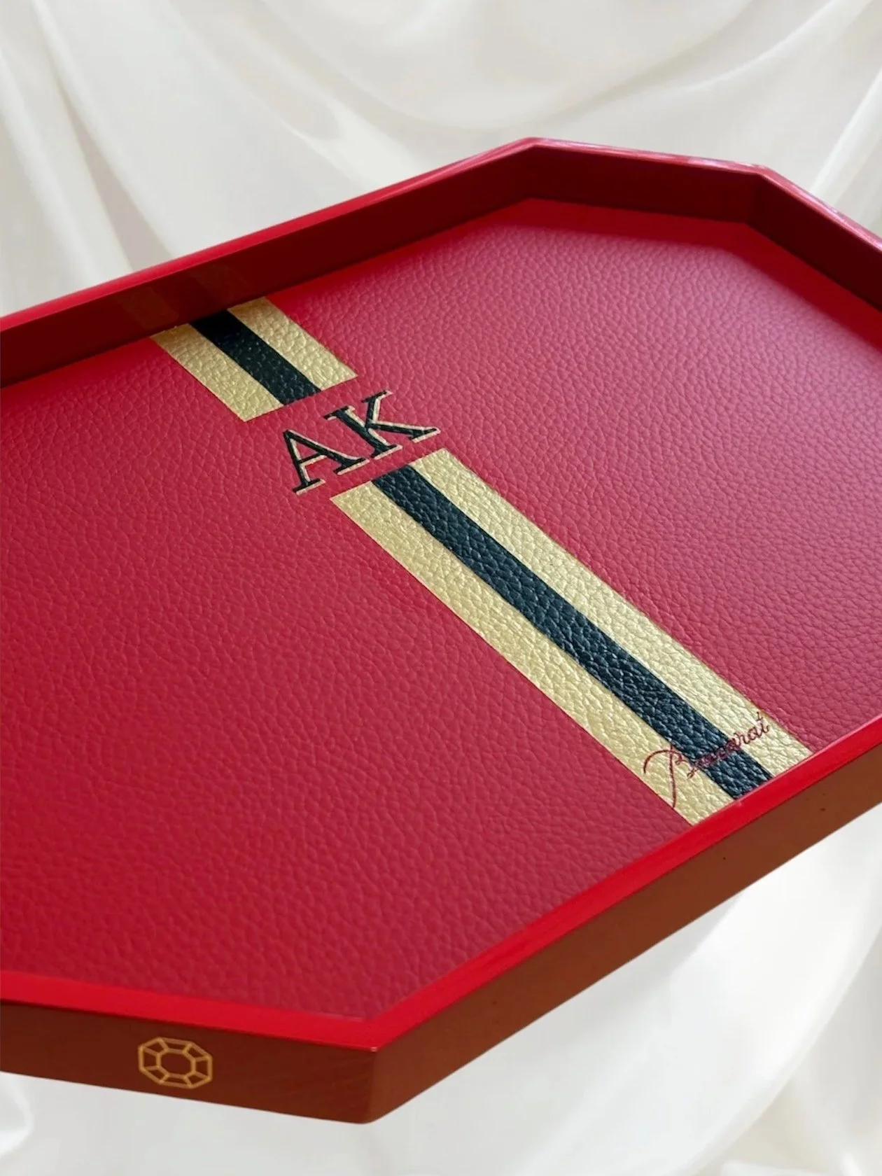Stripes and Monogram on a leather Baccarat tray