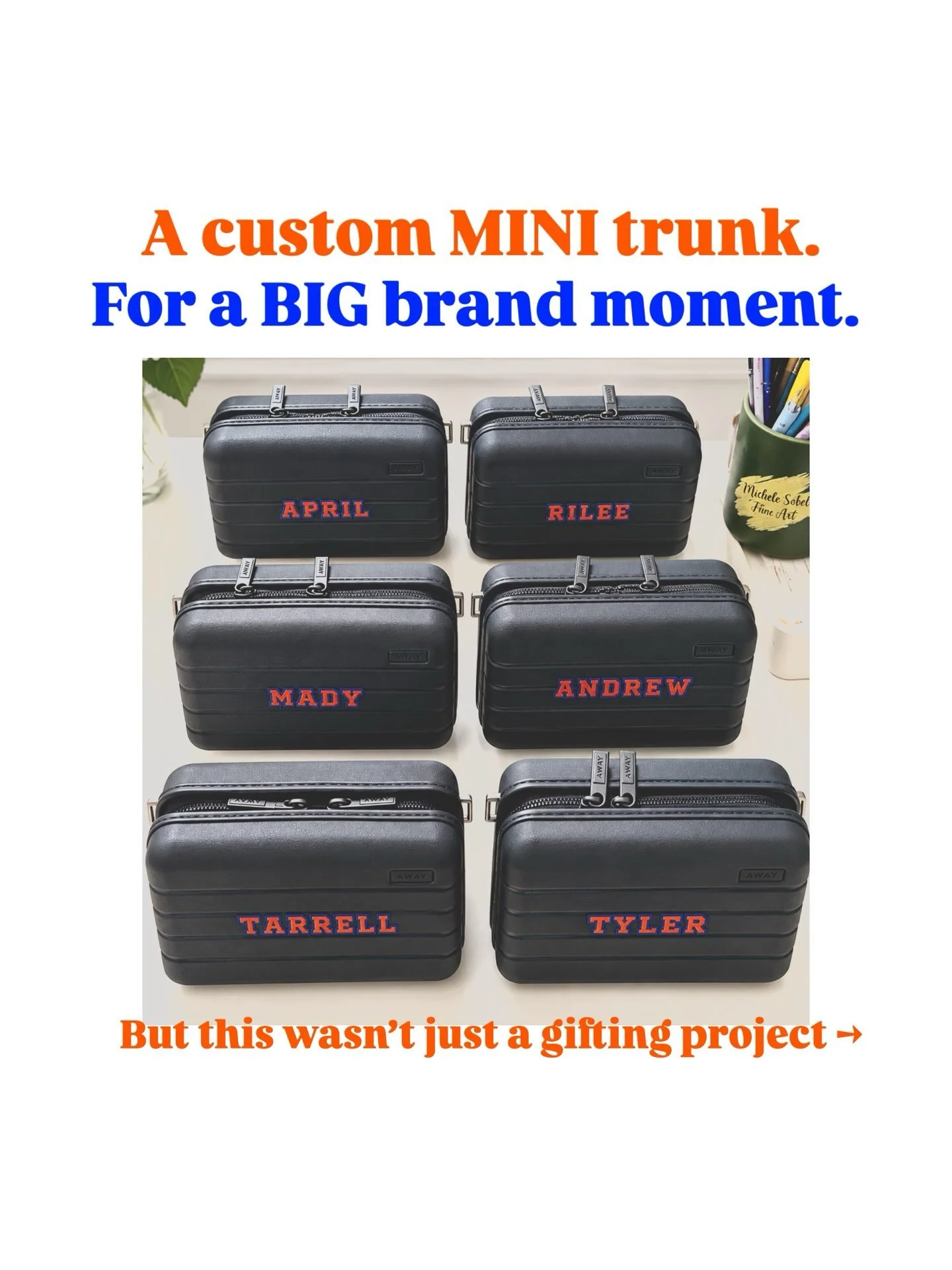 When Away called with a last-minute request to customize mini trunks for an EPIC influencer experience&hellip; we said YES. ✈️🎨

The brief: paint each name in Knicks-inspired colors.

The destination: NYC.

Where were they headed? 🏀🎶
A surprise Ha