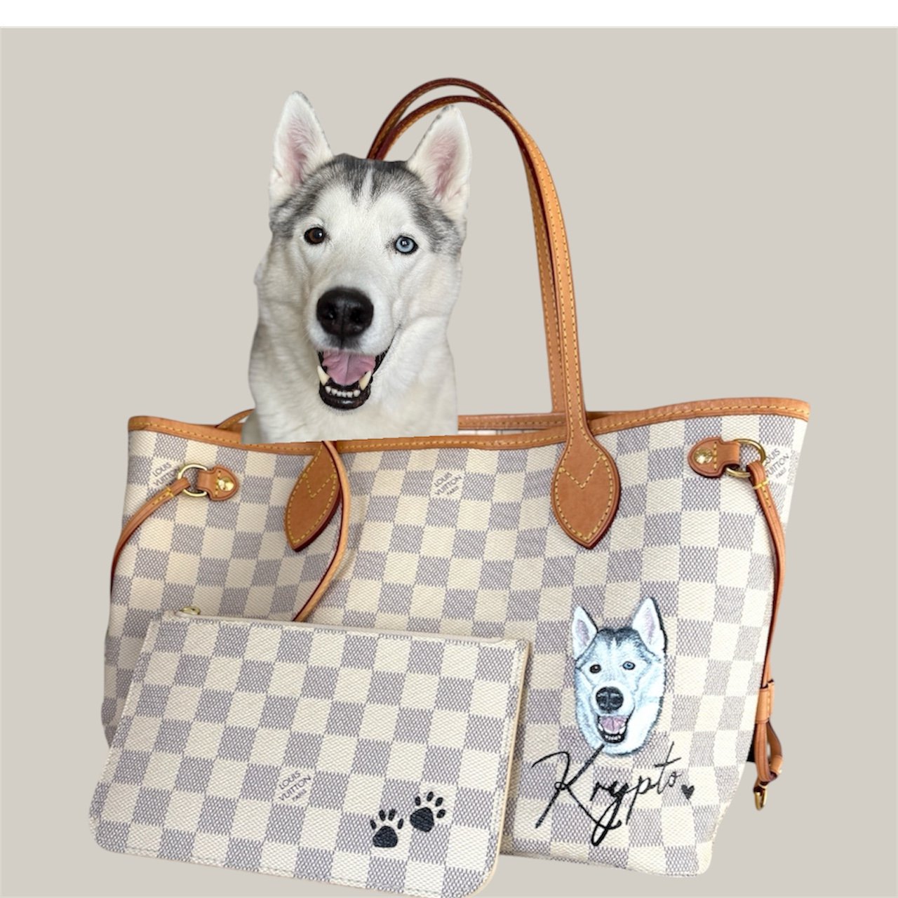 A christmas gift for his girlfriend, their dog and paw prints painted on an LV Neverfull.