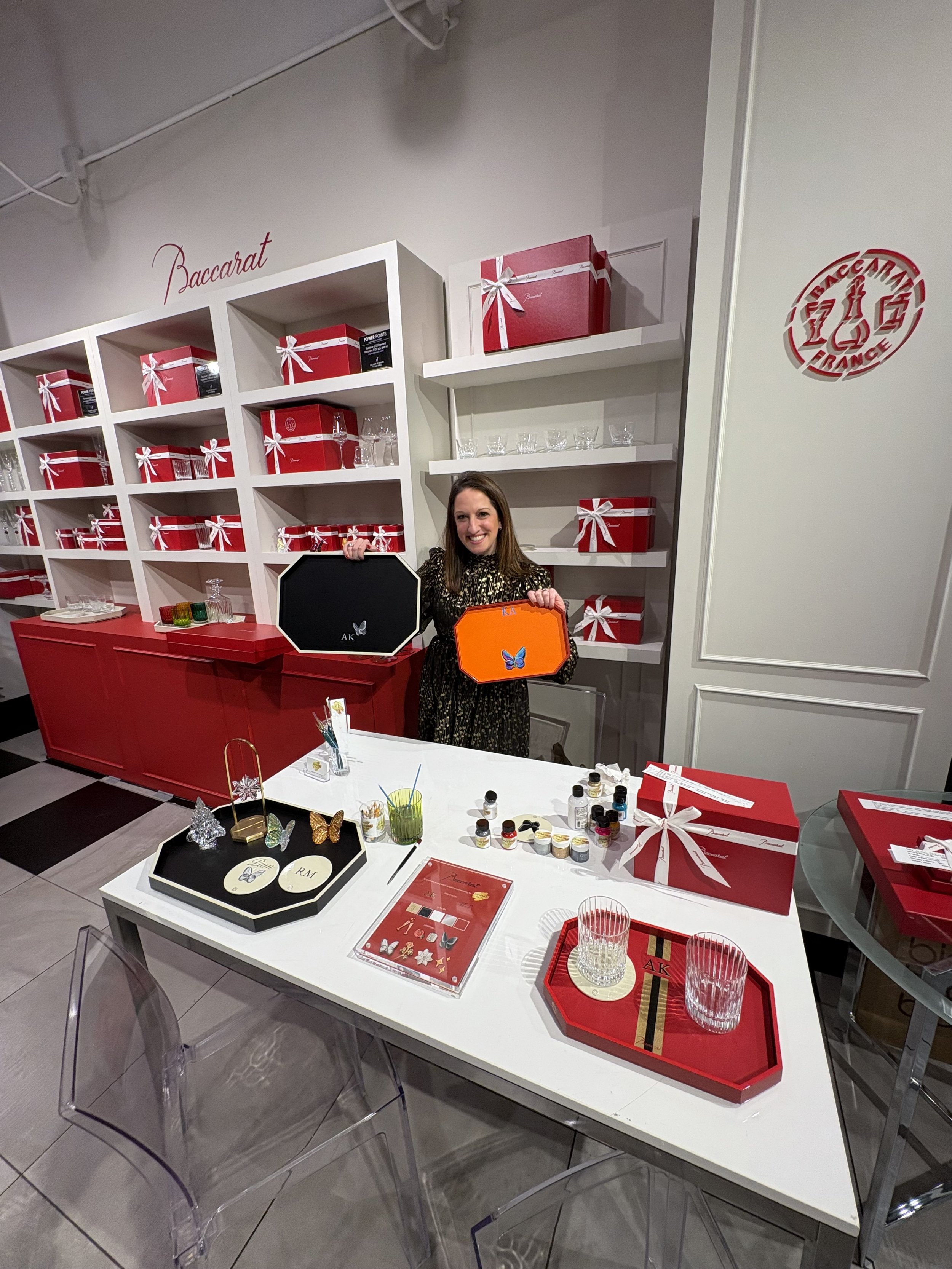 Hand-painted customization for Baccarat. The first time the brand partnered with an artist in the US. Michele Sobel Fine art painted coaster sets, luxury trays and crystal gift boxes for a successful customization activation during the 2025 Hannukah 
