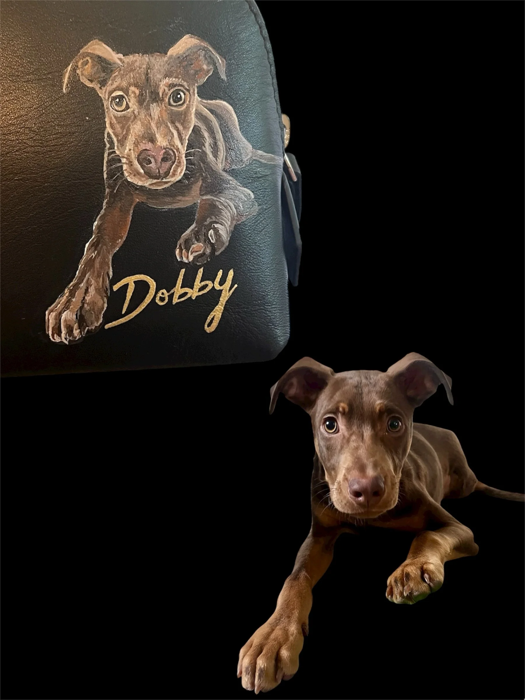 A pet portrait hand painted on a Royce New York Gift set by Michele Sobel Fine Art