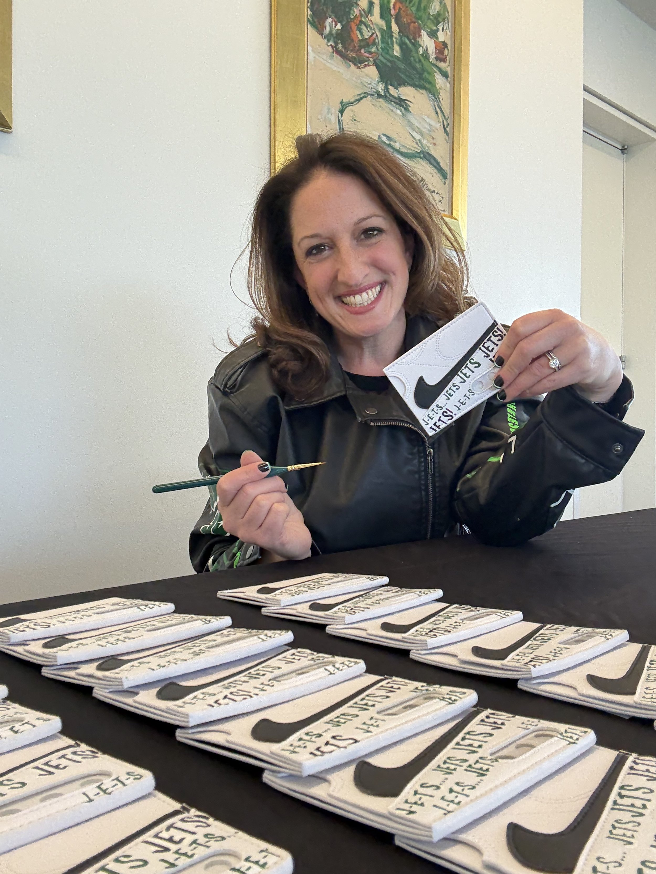 Customization activation for The New York Jets! Michele Sobel Fine Art pre-painted gifts with the team logo and then customized them on-site at Jets training facility with monograms for staff members.