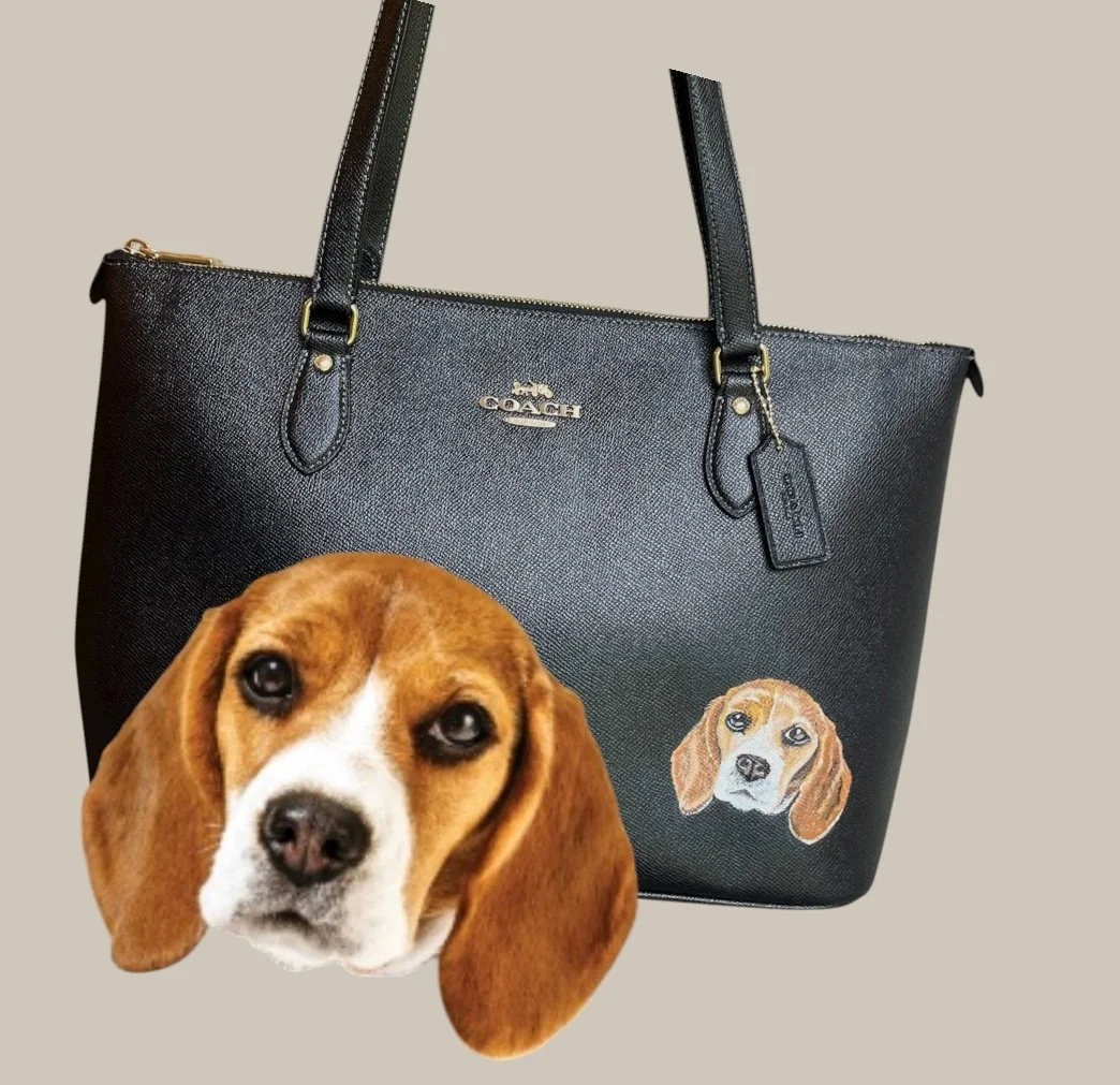 A gift for her sister who rescues Beagles, a pet portrait on a Coach bag by Michele Sobel Fine Art