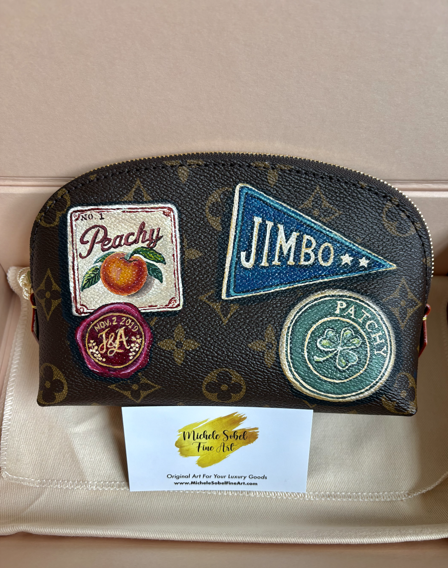 Toiletry bag commission with all of her children's nicknames. A gift from her husband.