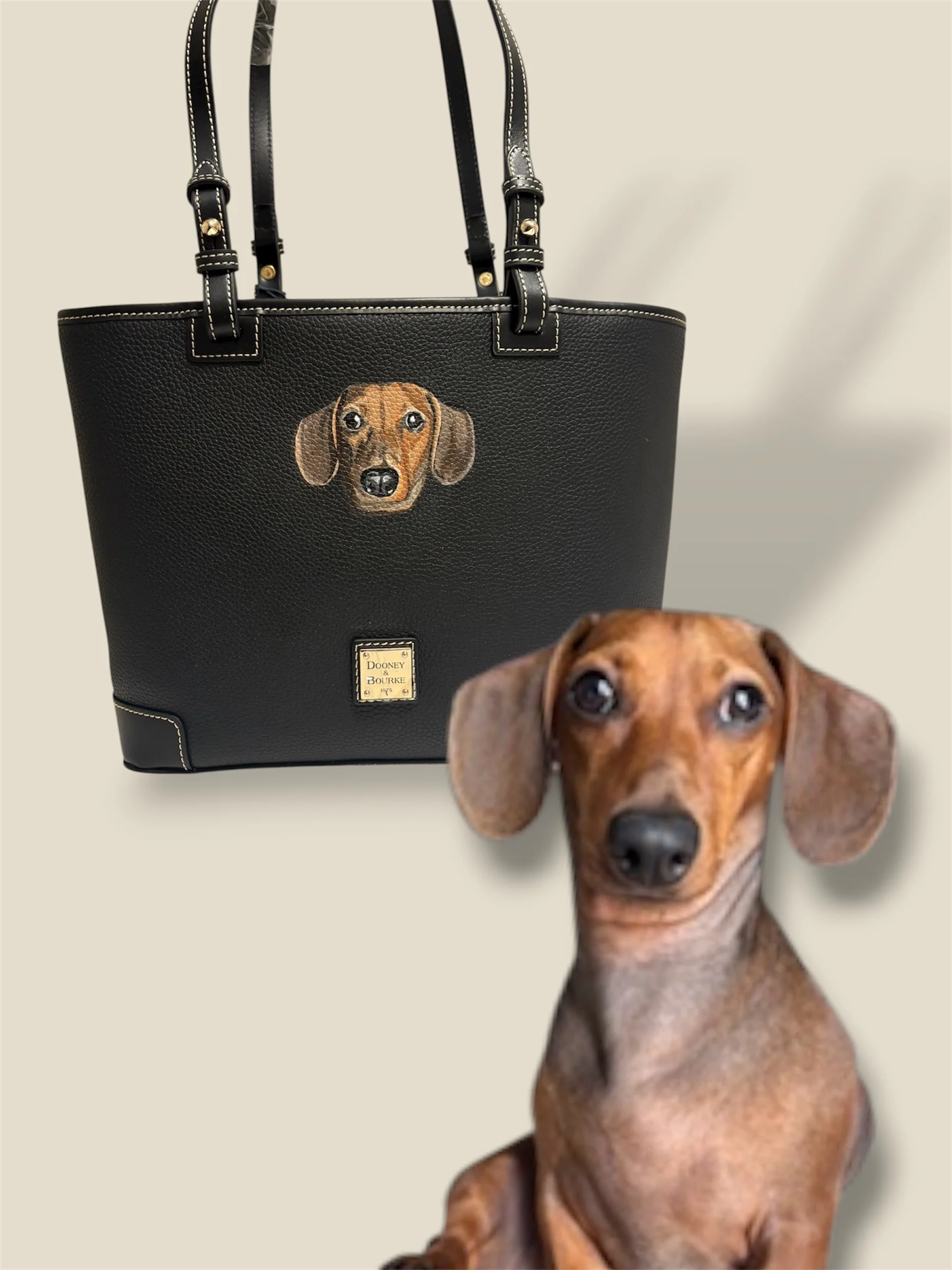 A gift for mom, the family pup painted on a Dooney and Burke bag.