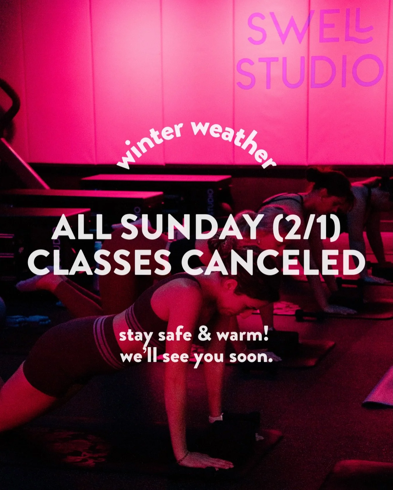 Due to the winter weather, all Sunday classes are canceled. Stay safe &amp; warm! We&rsquo;ll see you soon ⛄️💙