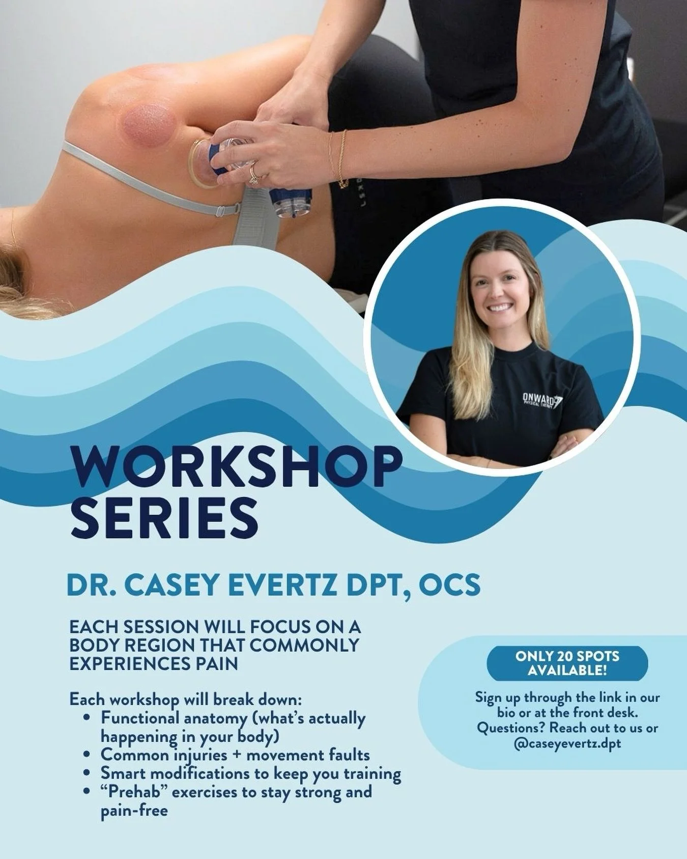 🌀Join us for our next FREE workshop with Dr. Casey Evertz, DPT, OCS!

This workshop series focuses on body regions that commonly experience pain and covers:
&bull; Functional anatomy &mdash; what&rsquo;s actually happening in your body
&bull; Common