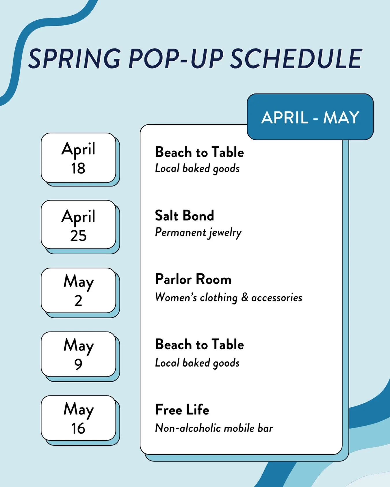 Our spring Saturday pop-ups are back and we have a great lineup! 🤩 Can&rsquo;t wait for you to shop these amazing small businesses!