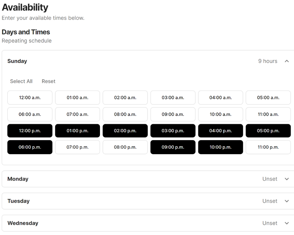 Sample Availability Code Adjusting your availability on Alto — alto