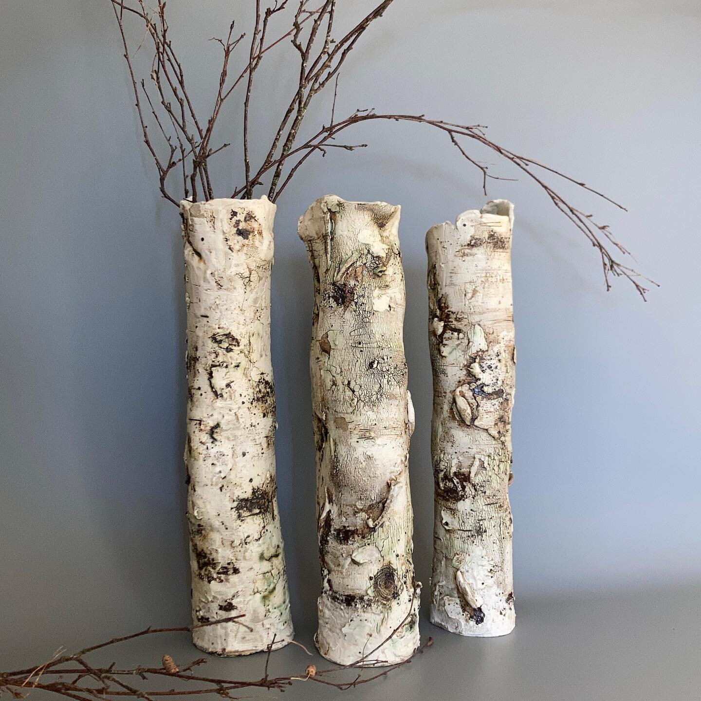 Trio of Silver Birch.  More work out of my new larger kiln #silver birch #claytexture #devonartistnetwork #wild clay #trees #uniqueceramics #bark  @westcountrypotters #totnespotters @london.potters