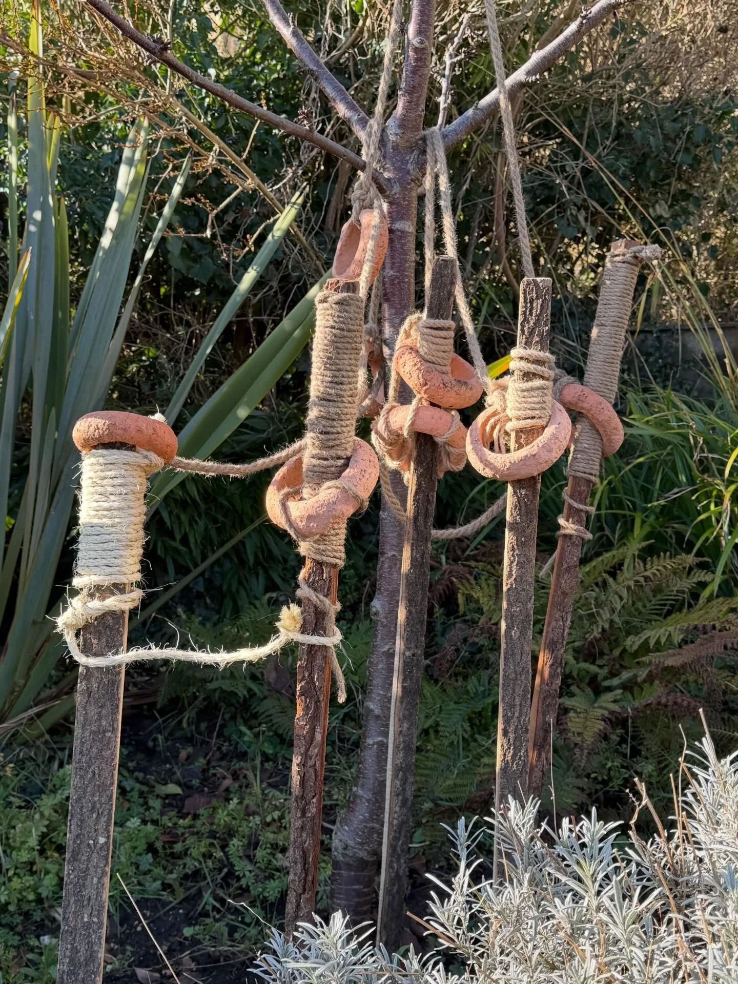 Adding my cherry tree into the mix of wooden stakes lashed together with jute and ceramic rings. Inspired to get out in the rain and work outside by the month long online sculpture course @fionacampbellartist #onlinesculpturecourse2026 #sculpture #ce