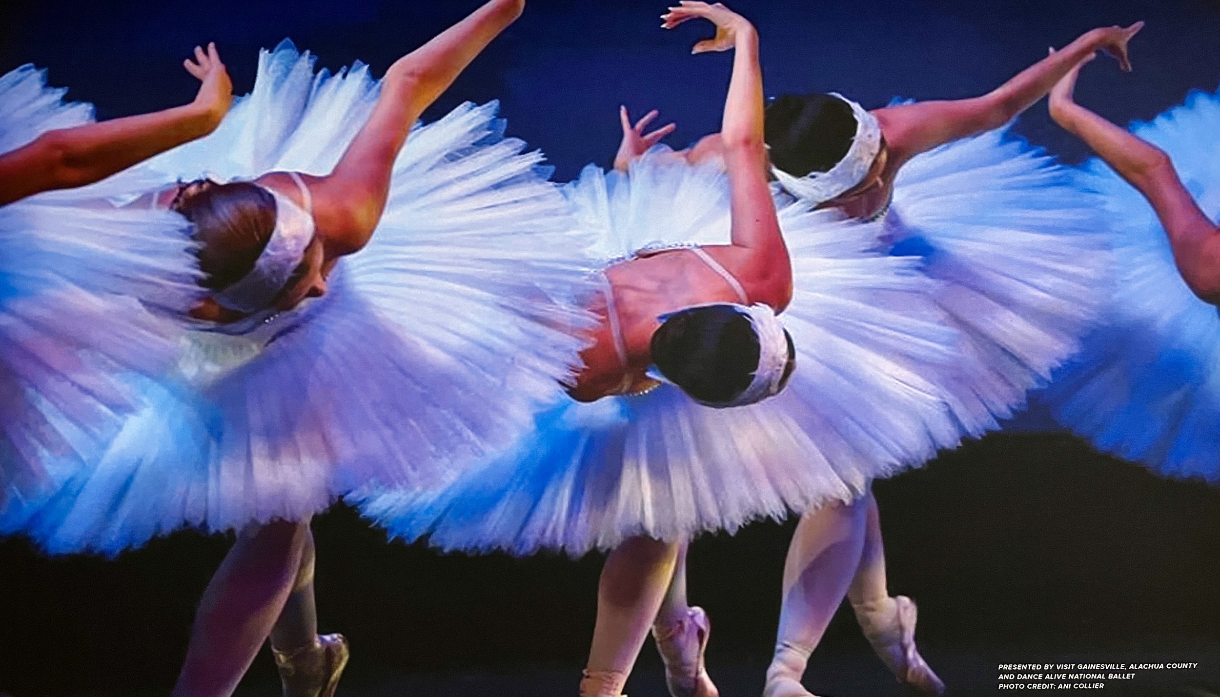 Ballet dancers in colorful tutus performing on stage, their heads bowed and arms extended gracefully.