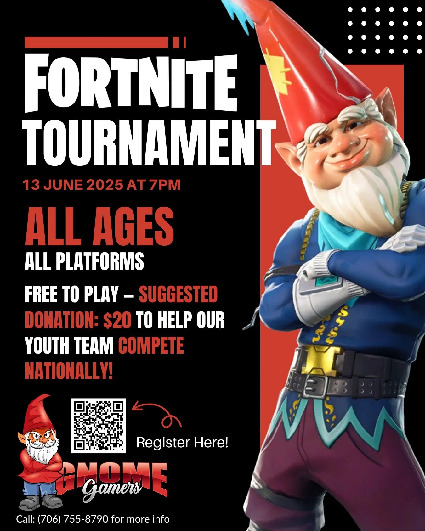 🎮 FORTNITE TOURNAMENT FUNDRAISER 🎮
🗓 June 13, 2025 at 7PM EST
📍 Online &ndash; All Platforms
🔗 Register or donate here: https://donate.stripe.com/eVa16rcH43jN2Fq7ss

Not playing? You can still support our youth team by donating at the link above