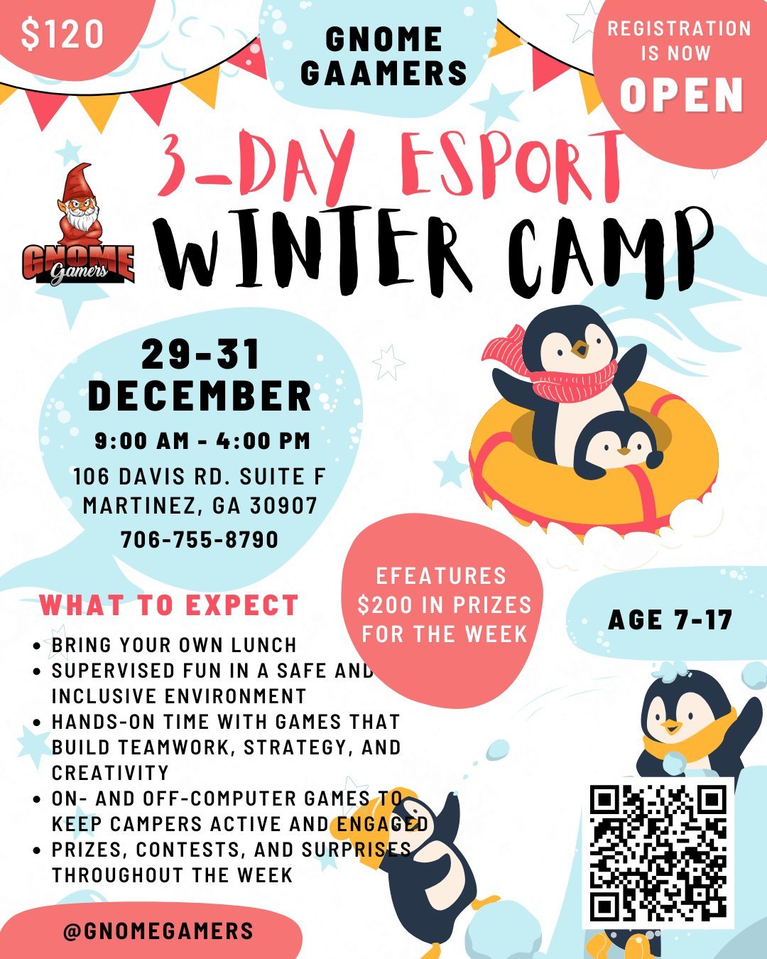 ❄️ Gnome Gamers 3-Day Winter Esport Camp is HERE! 🎮🐧
Looking for something fun, safe, and exciting for your kids during winter break? We&rsquo;ve got you covered!

From December 29&ndash;31, campers ages 7&ndash;17 can join us for three full days o