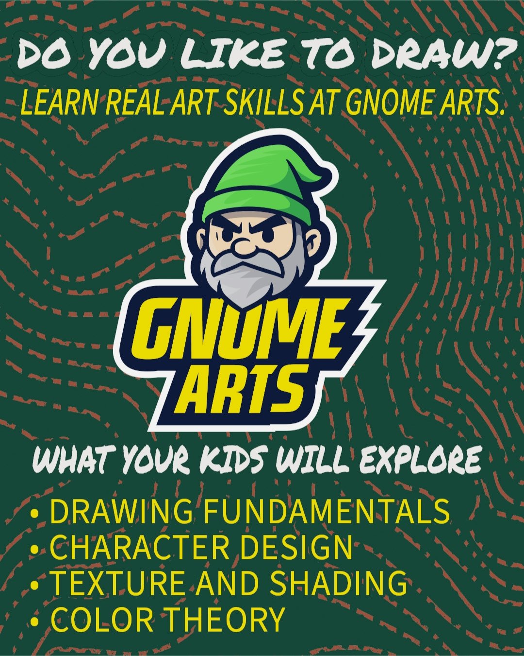 🎨 Does your child have a passion for drawing?

At Gnome Arts, we cultivate young artistic talents in a vibrant and supportive setting! Our focus is on nurturing creativity while empowering budding artists to master the essentials.

What your child w