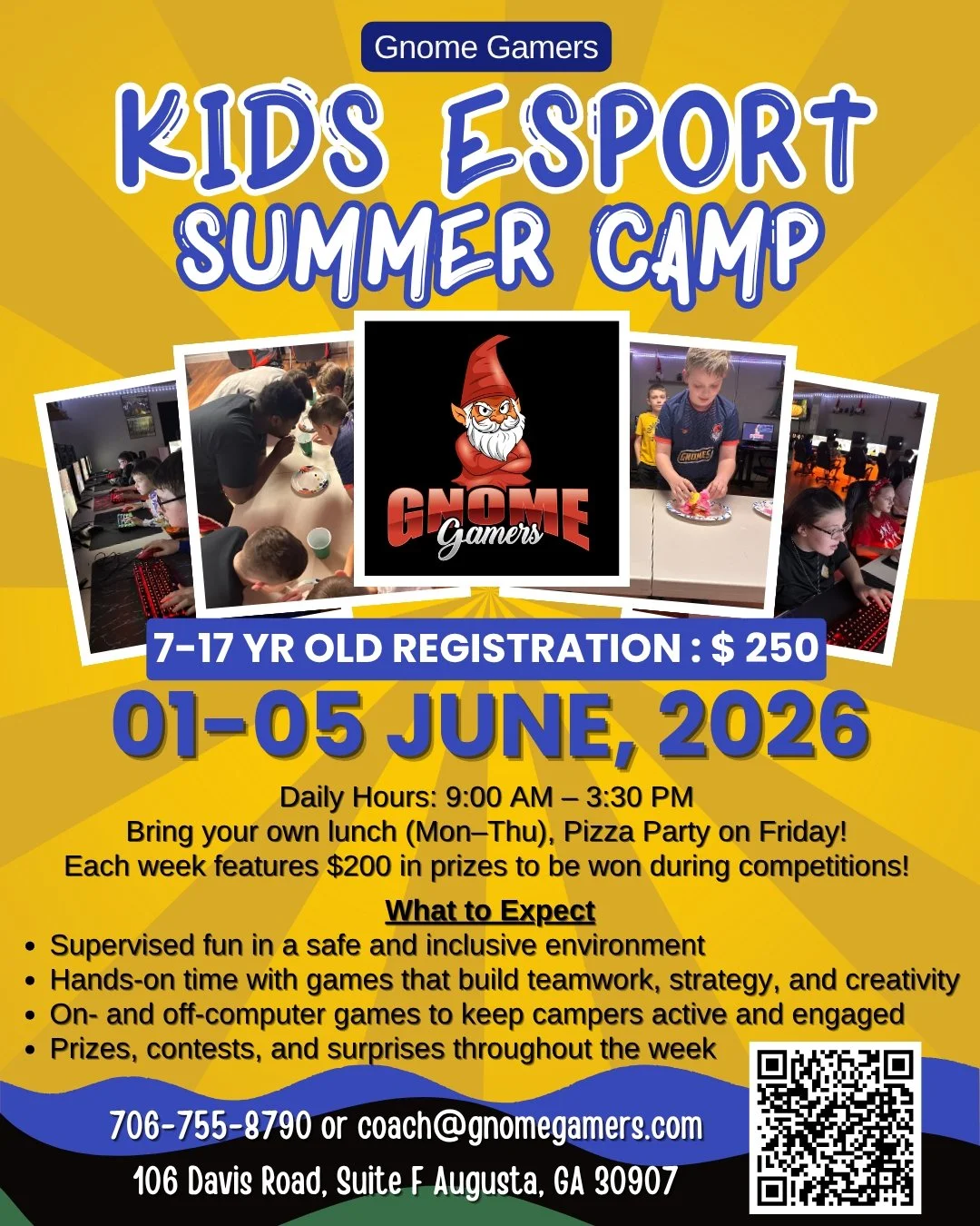 Join us for our 3 Summer Esports Camps this June and July! Perfect for kids ages 7-17, they'll enjoy gaming, teamwork, and friendly tournaments in a fun, safe environment. Camp Dates: June 1-5, June 15-19, July 13-17, 9:00 AM &ndash; 3:30 PM at 106 D