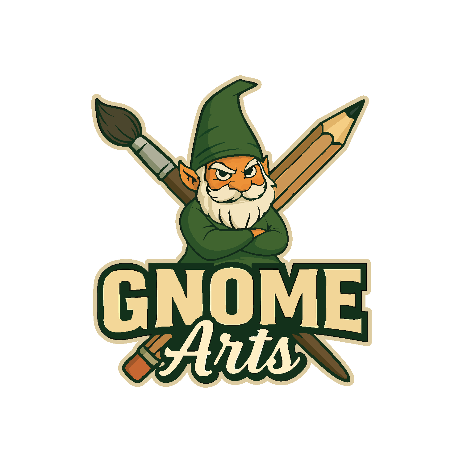 A gnome character with crossed arms, wearing a green hat and outfit, holding a paintbrush and pencils on a logo with the text "Gnome Artists".