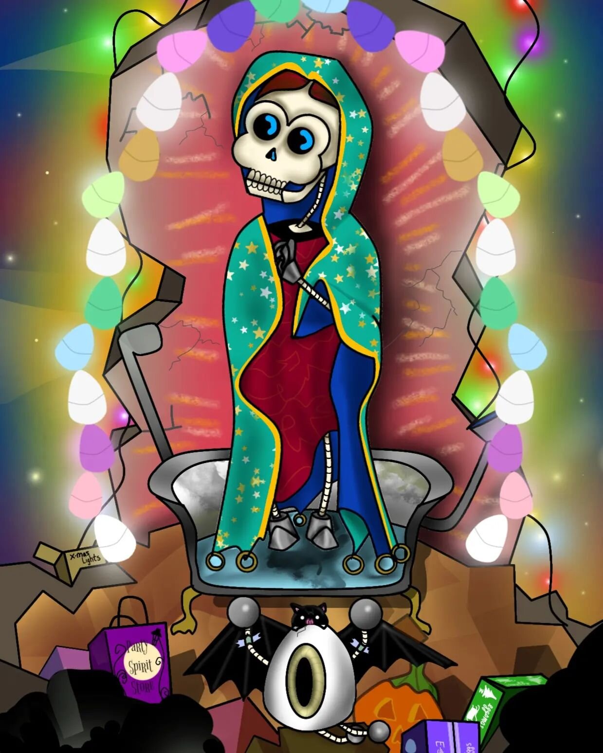 In the future rubble of a party and holiday super store, the bots and Keith recreate la Virgen de Bot-alupe.

#SKELLYBOTS #skeletons #calacas #calaveras #virgindeguadalupe #virginmary #party #holidays #stars #eggs #lights #drawing #digitaldrawing #di