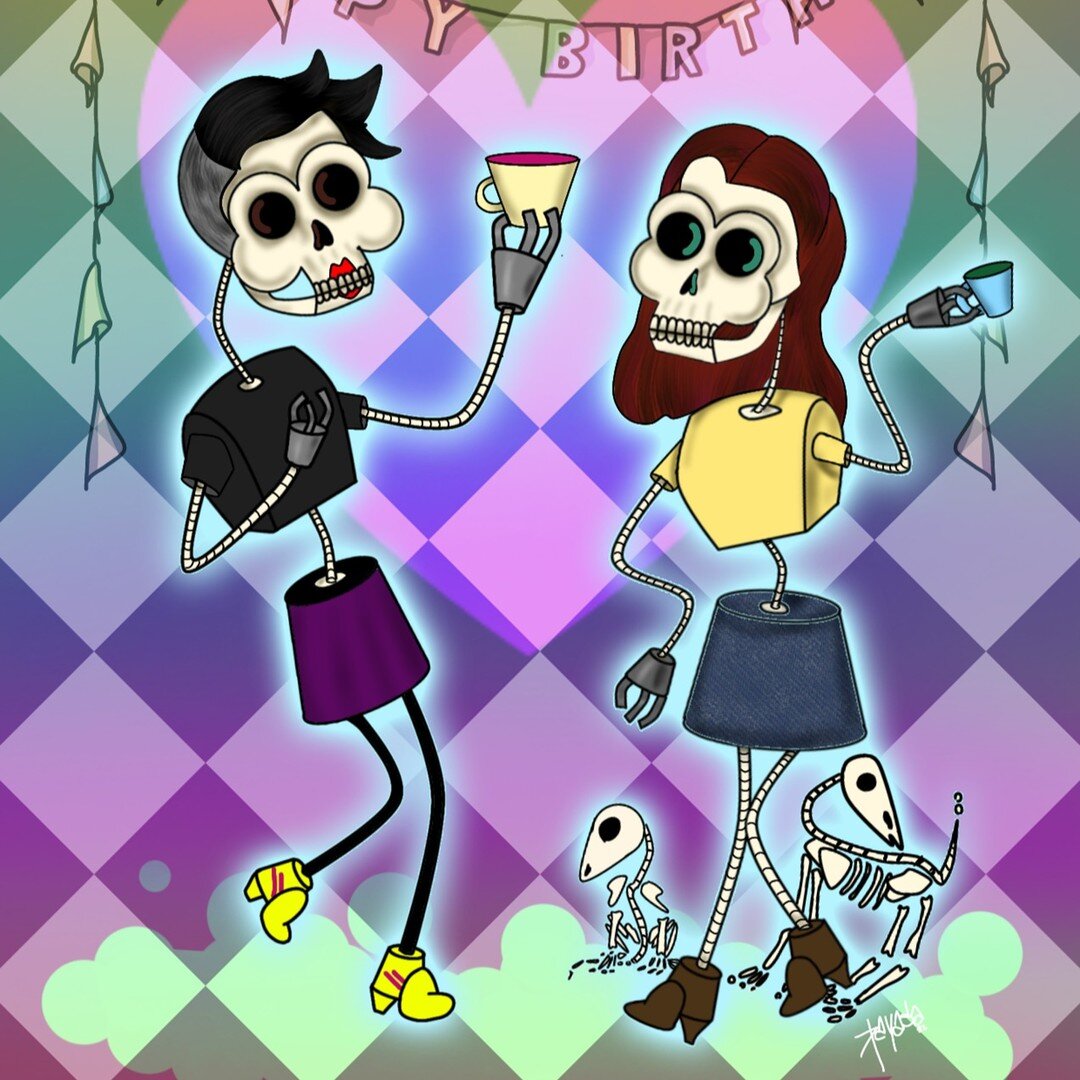 When your bestie has a birthday, you skelebrate the skellybots way! Featuring MO and INDIA (the doggos).

#custom #commission #drawing #digitaldrawing #birthday #happybirthday #birthdaygift #gift #besties #skellybots #skeletons #digitalillustration #