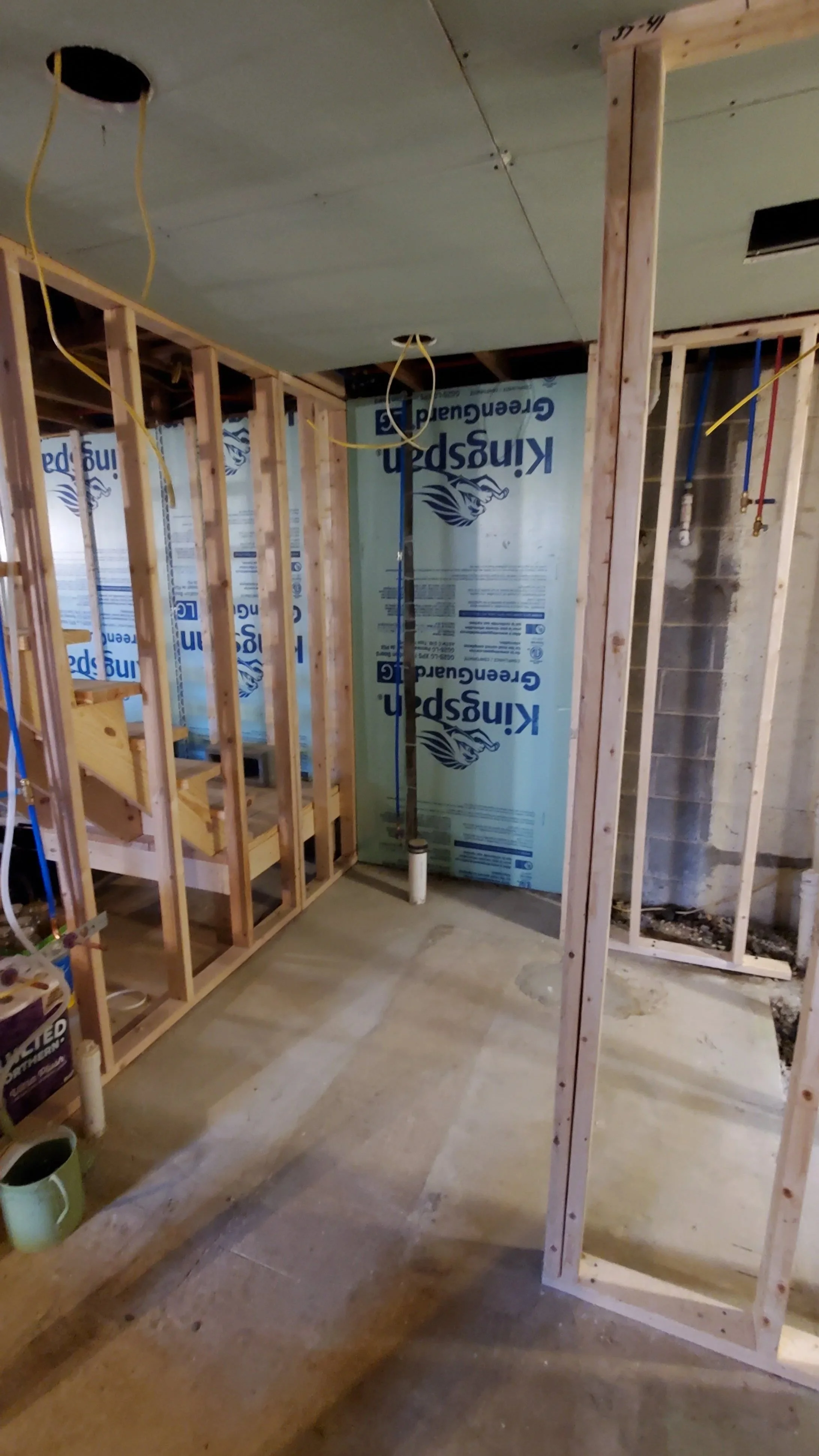 Basement bathroom in East TN showing electrical, plumbing, and framing