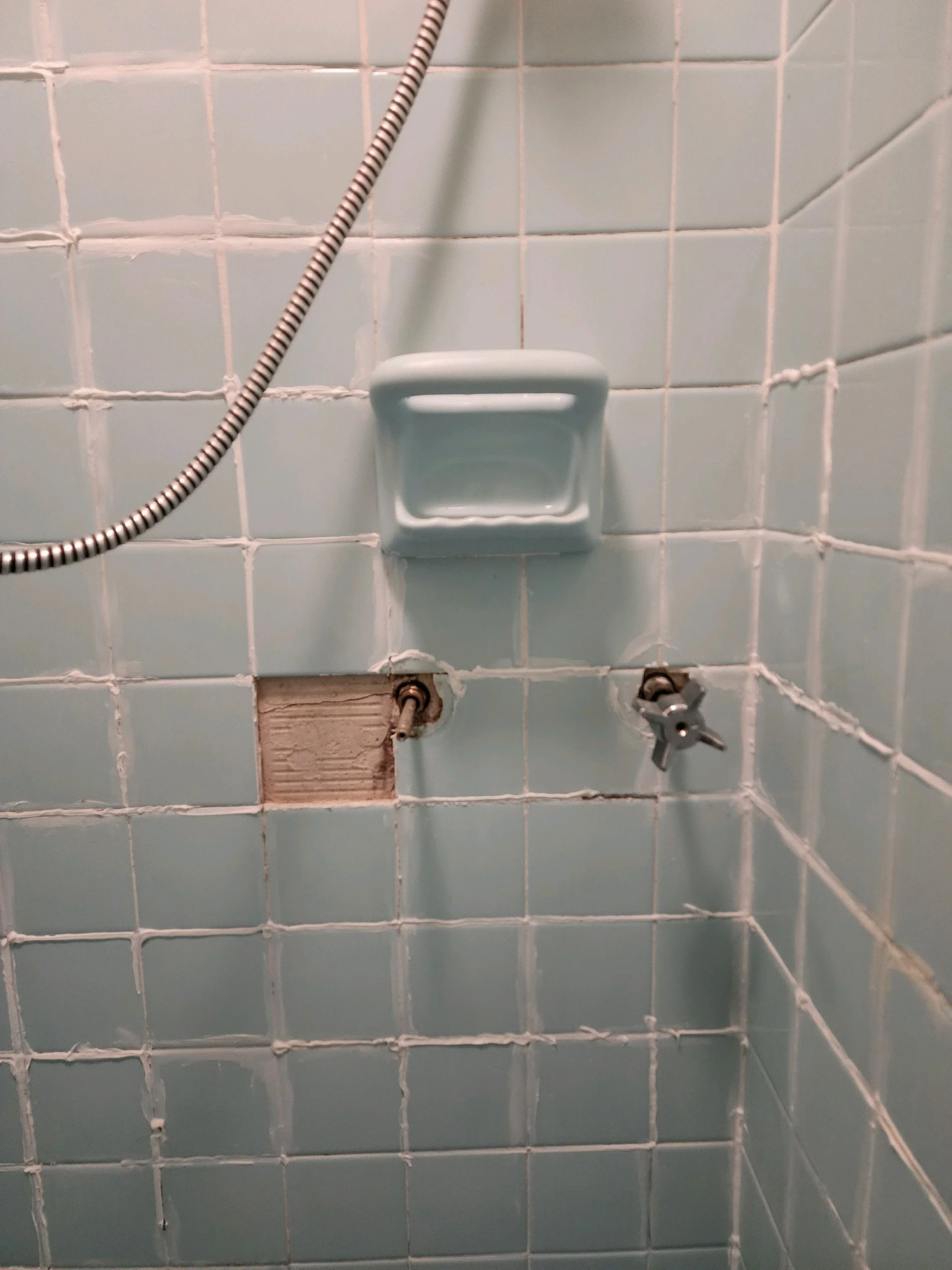 Master bath renovation in Chattanooga, TN showing old shower with missing tile