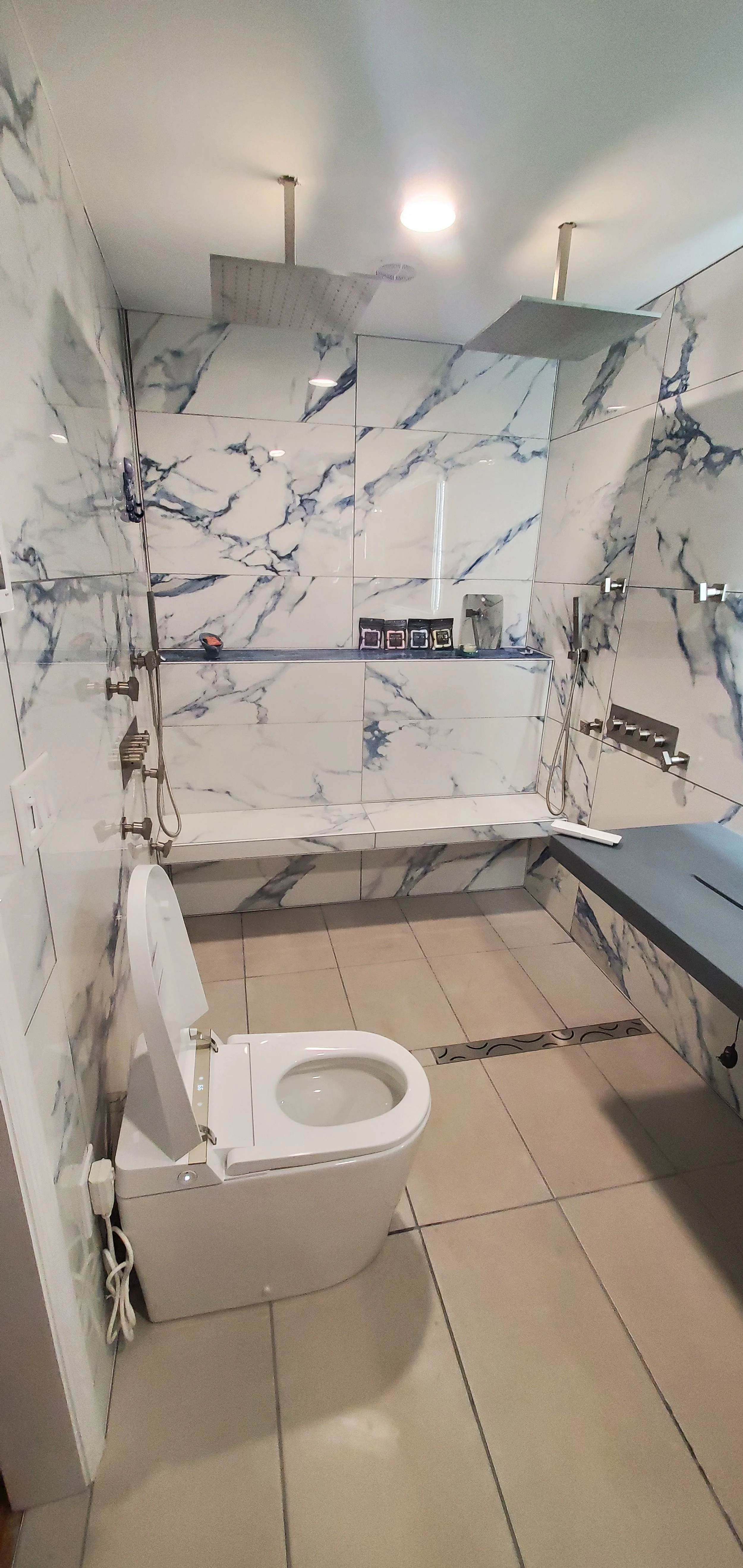 Master bathroom renovation in Hixson, TN, showing custom heated bench, heated floors, shower system, curbless shower, toilet/bidet with heated seat