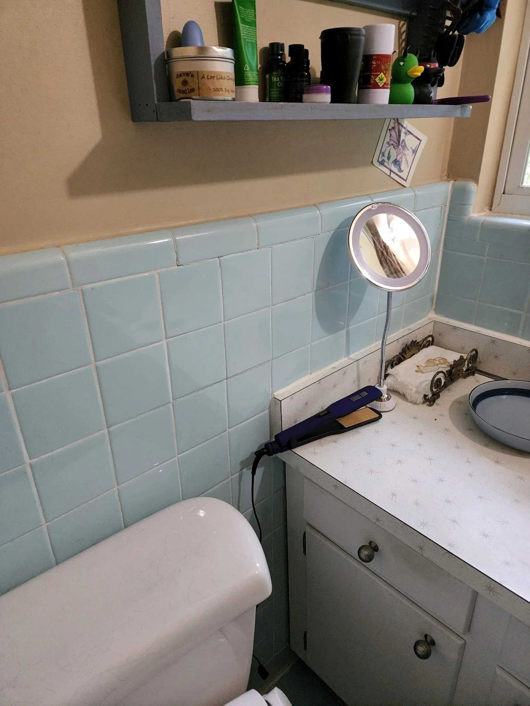 Master bath renovation in Chattanooga, TN showing old wall tile and vanity
