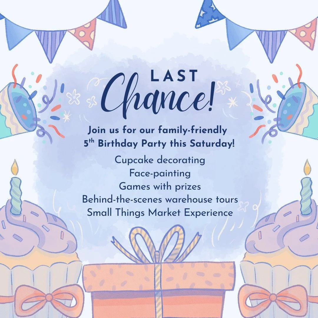Last-minute invite—come celebrate with us! π
Sat Oct 25 | 11:00–1:00 | Small Things Warehouse
Cornhole, photo booth, cupcake-making, face-painting, pack kids’ snack bags, and behind-the-scenes tours—party + purpose with your