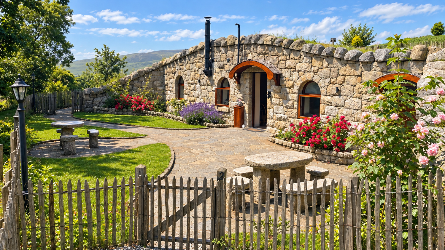 Fairy River stone cottage with its curved roof and flower-filled garden