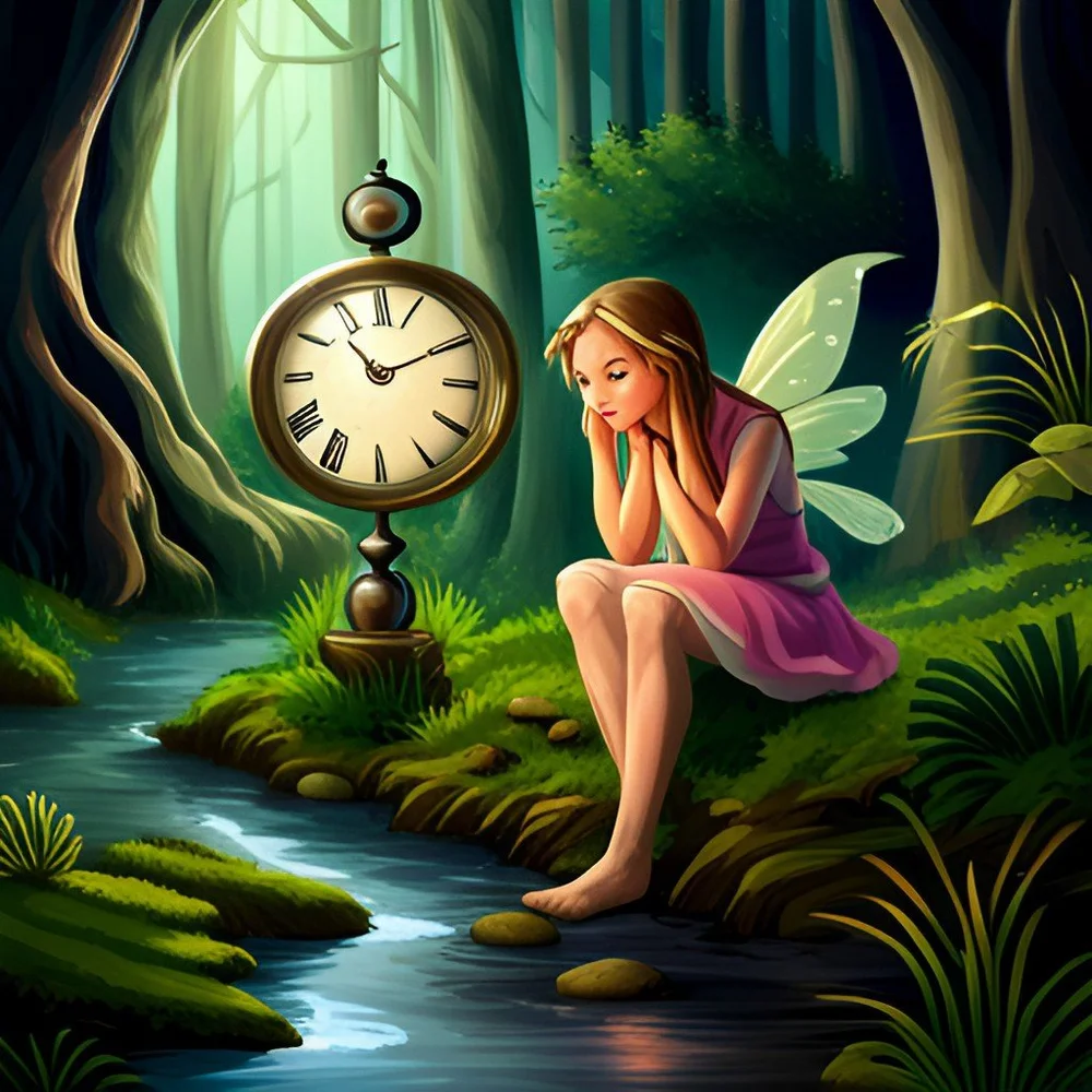 A fairy sitting beside a large clock in a woodland setting