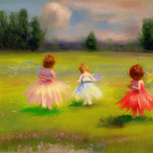 Illustration of three fairy sisters in colourful dresses exploring a green meadow