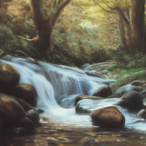 A woodland stream flowing over rounded rocks