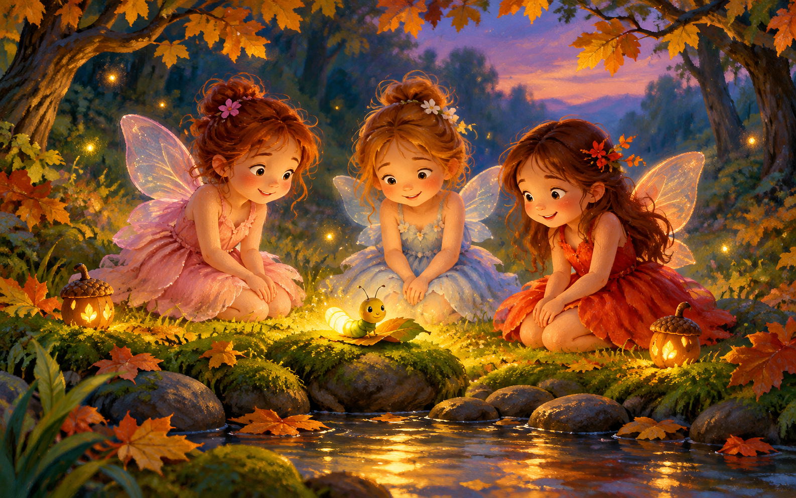 Three fairy sisters watching Glimmer the glow-worm beside a woodland stream, with glowing acorn lanterns nearby