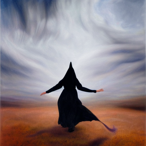 A cloaked witch beneath swirling clouds