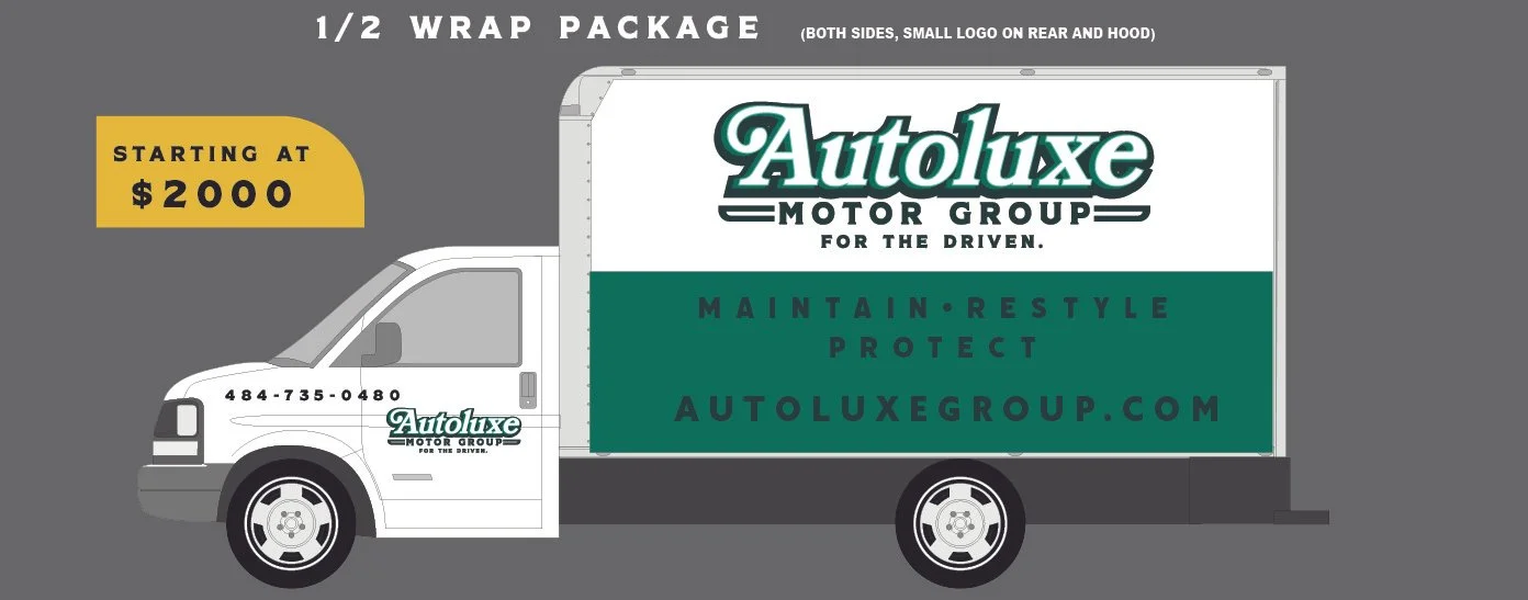 Graphic of a delivery truck with branding for Autoluxe Motor Group, featuring the company logo, phone number, and website, with a starting price of $2000 and details about vehicle wrap services.